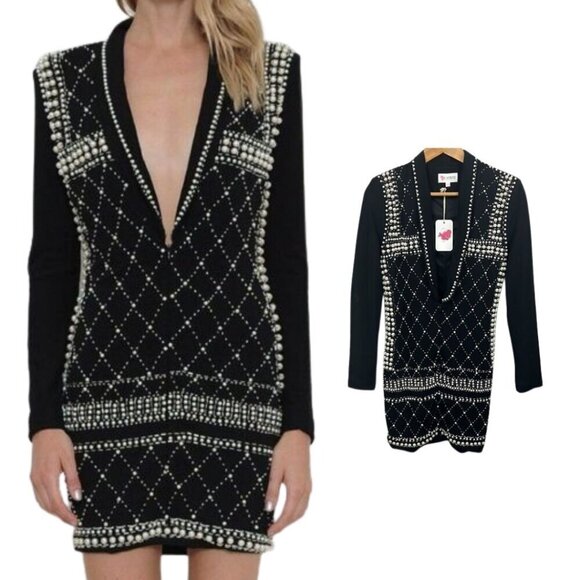 L'atiste Pearl Tuxedo Dress Black Long Sleeve Deep V-Neck Lined Bodycon NEW - Picture 13 of 13